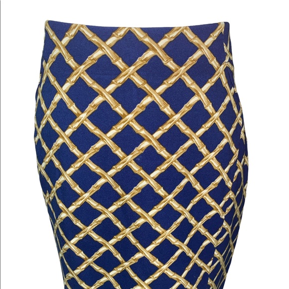 J. McLaughlin Navy Blue & Tan Bamboo Trellis Pencil Skirt - 2 - Picture 2 of 11